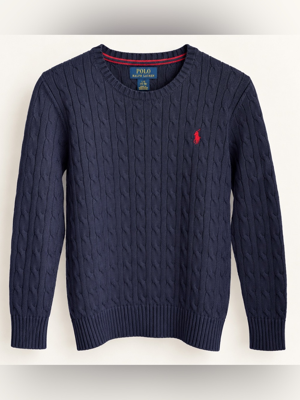 Polo Ralph Lauren Boys Cable Knit Cotton Crewneck Sweater Navy L (14/16)